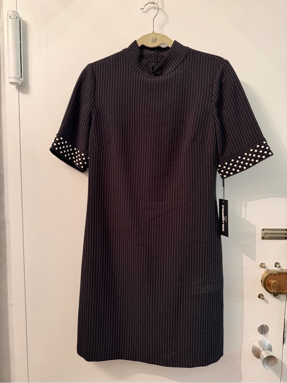 Karl Lagerfeld Black Pinstripe Short-Sleeve Shift Dress with Pearl Trim